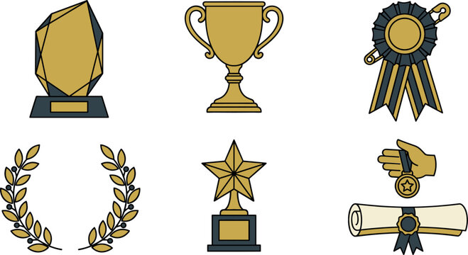 SportGolden business award vector icon set featuring corporate crystal plaque, trophy cup, star achievement statue, ribbon rosette, laurel wreath, and graduation diploma scroll.s champion vector icon 
