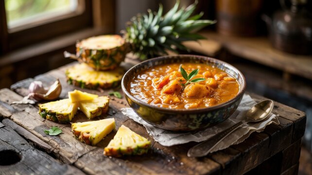Dishes of Zambian cuisine. Zambian Pineapple Sauce (Zambian Pineapple Sauce/Curry) is a spicy and aromatic sauce that combines fruity sweetness, sourness and the burning sharpness of chili pepper.