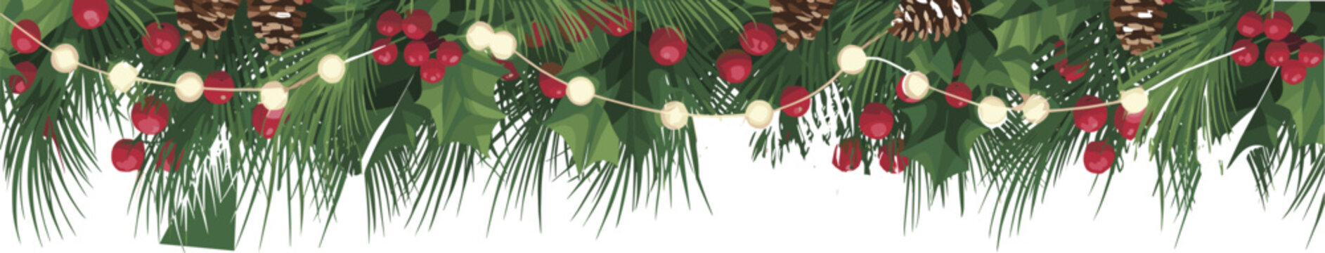Christmas pine garland border with holly leaves, red berries, pinecones and glowing string lights, festive winter decoration for holiday design, CAD drawing flat 