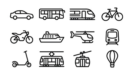 Collection of various transportation vehicle icons presented in a grid layout isolated on transparent background © Nayon