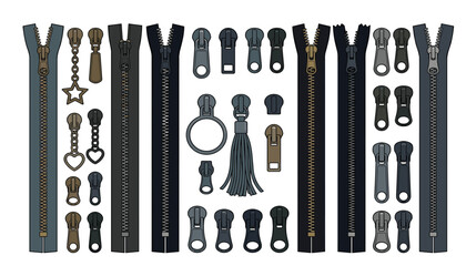 Metal zipper and slider pull collection. Closed zip fasteners, metallic teeth tracks, tassels, stars, rings and tailoring hardware vectors for garment design. © Mahamuda Studio 