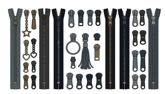 Metal zipper and slider pull collection. Closed zip fasteners, metallic teeth tracks, tassels, stars, rings and tailoring hardware vectors for garment design.