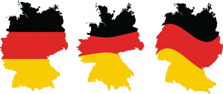 germany map outlined with flag and three variations, german national banner, european country symbol silhouettes.