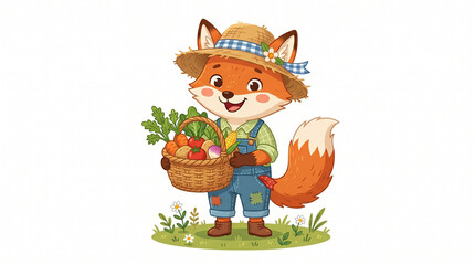 Fototapeta premium flat vector illustration of a cute fox farmer character isolated on white background, straw hat, basket of vegetables, cheerful countryside storybook style.