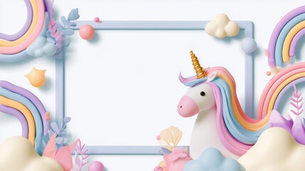 Fototapeta premium Enchanting 3D Unicorn Frame with Magical Elements and Colorful Background for Imaginative Design Projects