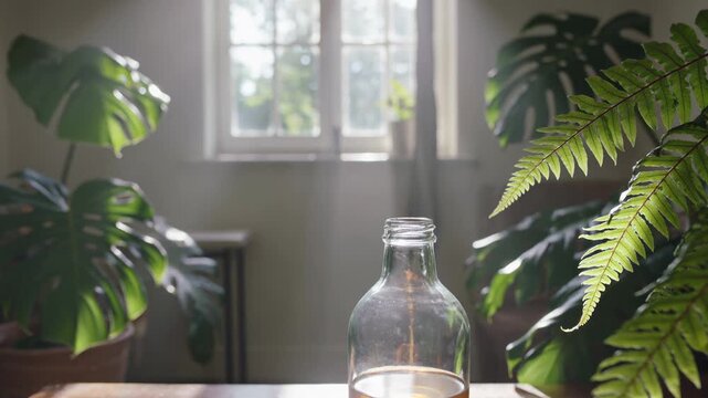 Glass bottle on table with tropical plants and soft sunlight indoors. Seamless looping 4k video background