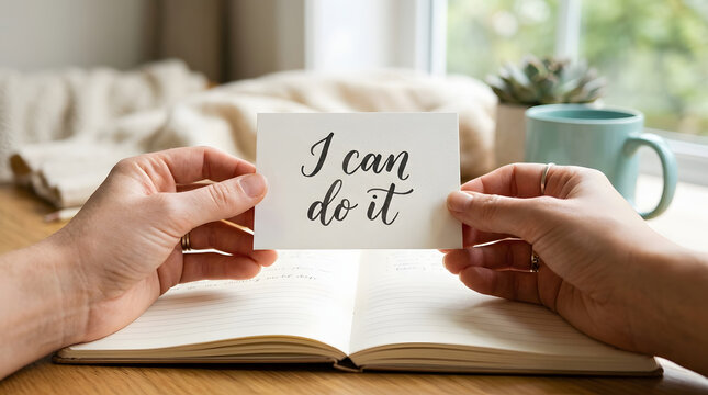 Hands holding a handwritten I can do it card above an open book, showing motivation, encouragement, and positive self belief