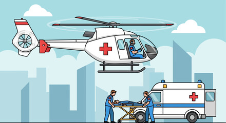 Emergency Medical Helicopter Rescue with Ambulance and Paramedics © rendi