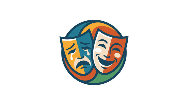 Stylized theatrical masks icon representing comedy and tragedy in a circular design.