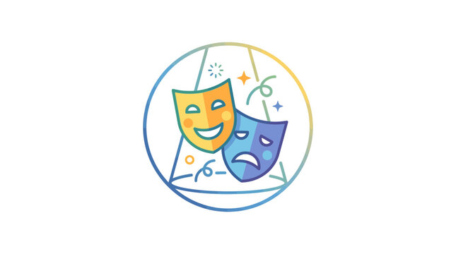 Colorful theatrical comedy and tragedy masks icon inside a circular frame.