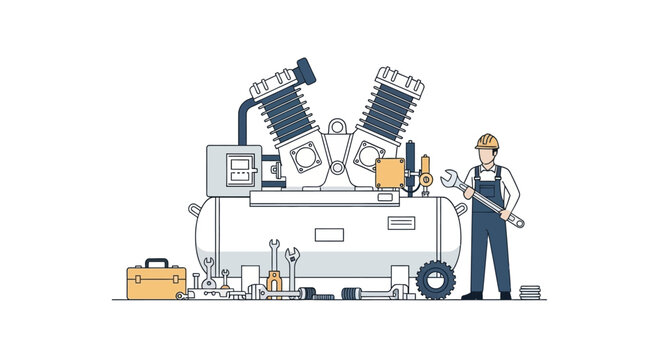 Mechanic repairing industrial air compressor with tools and toolbox, illustration