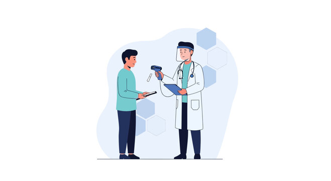 Doctor in Face Shield Scans Patient with Thermometer, Healthcare Medical Check-up, COVID-19 Prevention