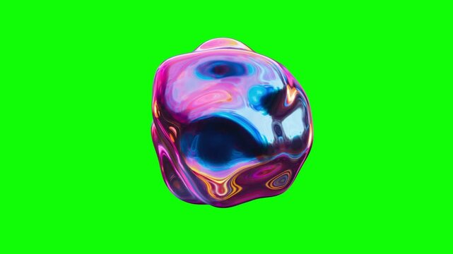 Liquid metallic blob morphs continuously on a green screen key background in a vivid 3D animation loop with iridescent pink and blue reflections