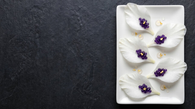 Edible Gladiola Petals with Violet Pearls in Modern Botanical Gastronomy
