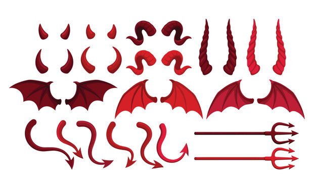 Devil costume vector element set. Red devil horns, demon wings, pitchforks and spiky tails for Halloween party monster character creation.