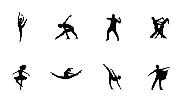 Set of elegant ballet dancers silhouettes performing graceful moves isolated on transparent background dynamic poses athletic figures.