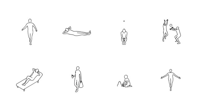 Line art people figures in various poses relaxing sunbathing playing volleyball and standing isolated on gray checkered background.