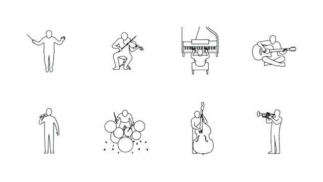 Set of musician icons featuring conductor violinist pianist guitarist singer drummer bassist and trumpeter performing with various instruments on stage.