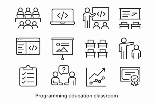 Programming Classroom Icons. Programming education classroom. Line outline icon set of Programming education