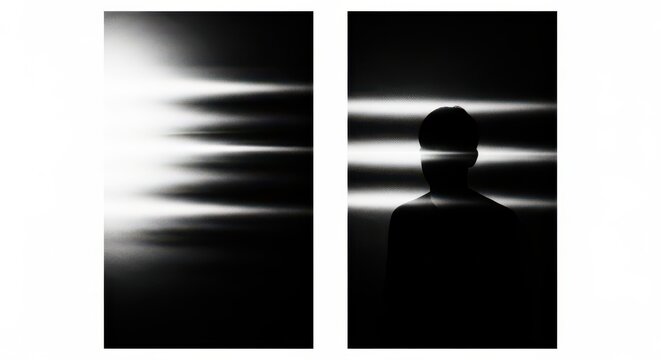 A diptych featuring an abstract light pattern and a silhouette of a person against horizontal light beams