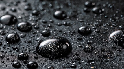 Stunning close-up of water droplets on a sleek black surface, perfect for adding a modern, minimalist touch to your project, conveying freshness and purity with its vibrant, glossy texture © Manzar