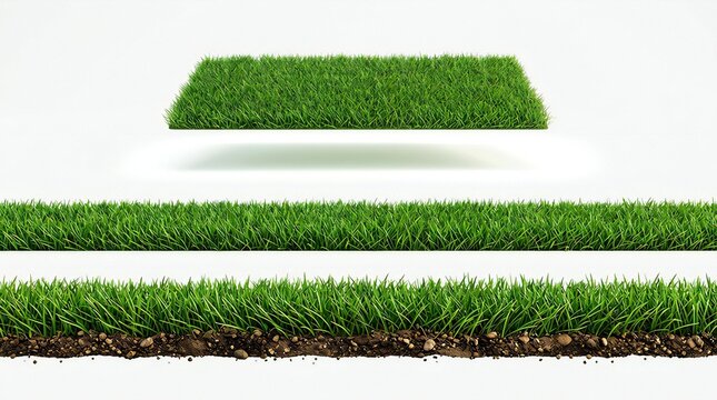 Three Sections of Green Grass on White Background lawn turf