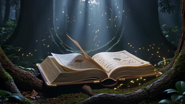 Magical Old Spellbook Open In A Dark Enchanted Forest With Glowing Dust