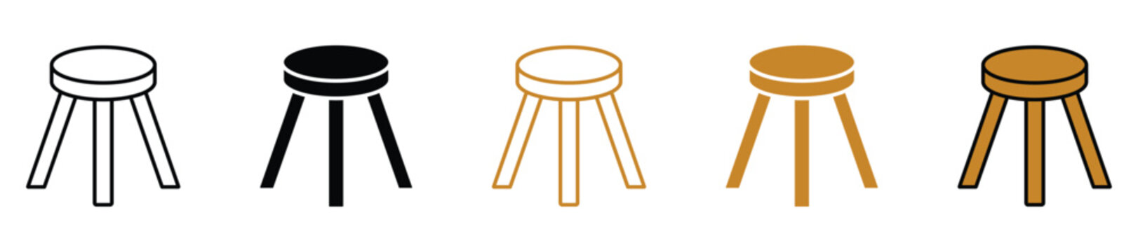 Three legged stool icon set.  Furniture vector illustration collection isolated on transparent background