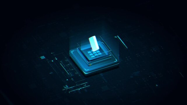 Digital credit card hovers above a glowing tech circuit board platform in a dark futuristic 3D animation with holographic data elements