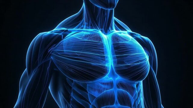 Human anatomy chest muscles motion video showing glowing blue fiber structure for medical research and scientific health education digital clips