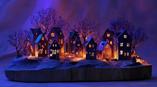 Enchanting miniature village scene with glowing windows and mystical blue lighting, perfect for holiday displays and whimsical fantasy projects, a magical winter wonderland setting