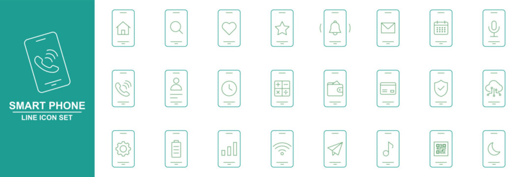 Minimalist Smartphone outline icons set with editable stroke. featuring icons of various Smartphone function and notifications. thin linear illustration. messaging, calls, music and utilities