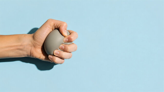 woman hand squeezing a stress ball. Relief of tension and anxiety concept. Exercise for strengthening finger muscle and improving grip. Mental health support and emotional calm tool