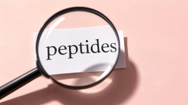 magnifying glass focused on the word peptides written on white paper. Concept of scientific research in dermatology, skincare innovation, molecular biology and cosmetic chemistry analysis