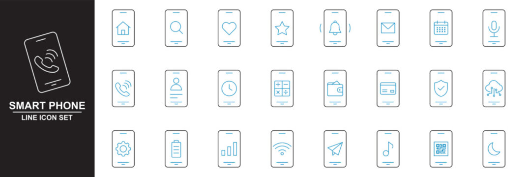 Minimalist Smartphone outline icons set with editable stroke. featuring icons of various Smartphone function and notifications. thin linear illustration. messaging, calls, music and utilities
