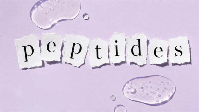 peptides written on torn white paper on purple background with clear cosmetic serum gel drops. Skincare and beauty ingredient concept for dermatology product branding and salon care