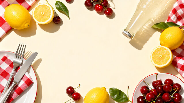 picnic composition with lemon, cherry and drink glass bottle on checkered napkin. Top view of summer outdoor meal setting with plate, silverware and fruit for refreshment concept.