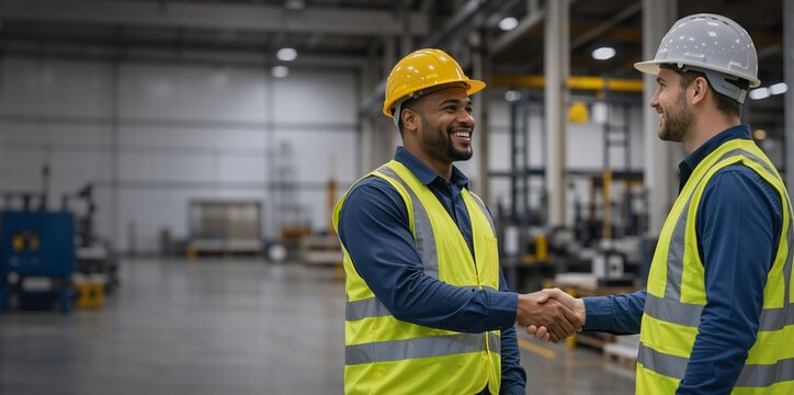 Diverse industrial workers shaking hands in factory. Smiling men in safety vests and hard hats making agreement. Teamwork and successful business partnership concept. Copy space