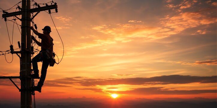 Silhouette of electrical lineman climbing utility pole at sunset. Power line worker doing maintenance on high voltage grid against dramatic sky