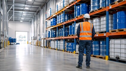 Naklejka premium Warehouse worker in safety vest standing in industrial storage facility. Back view of employee supervising chemical barrels on high shelves
