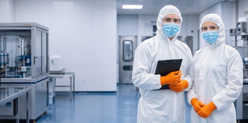 Naklejka premium Two scientists in white hazmat suits and masks in a laboratory. Professional researchers in a cleanroom with medical equipment. Science and healthcare concept