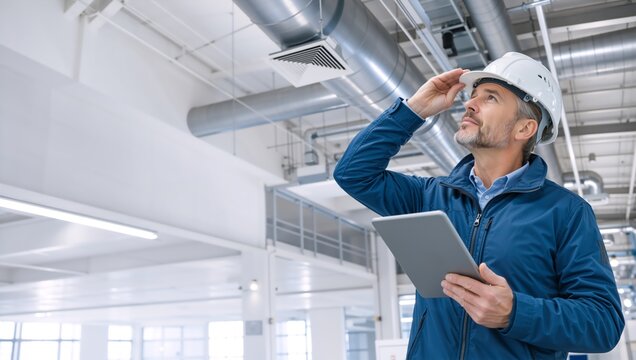 Middle aged male engineer in white hard hat inspecting industrial facility. Factory worker holding digital tablet and looking up at ceiling HVAC ducts. Modern warehouse maintenance concept