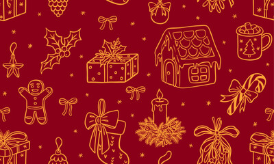 Fototapeta premium Happy New Year and Merry Christmas winter holiday celebration vector doodle seamless pattern red decoration line art