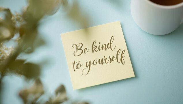 Be kind to yourself message on a small card