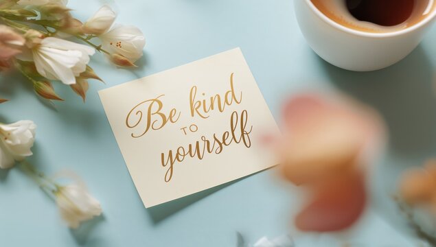 Be kind to yourself message on a small card