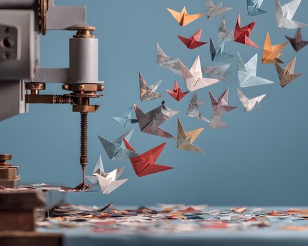 A creative scene featuring a paper folding machine surrounded by colorful origami cranes in flight, showcasing a blend of art and craftsmanship in the world of paper crafts.