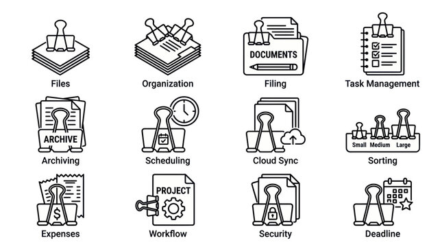 Business Organization Icons: Files, Workflow, Cloud Sync, Deadline, Security