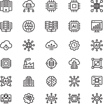 Edge Supercomputer Line Icons Set for Edge AI, High Performance Computing and Distributed Infrastructure Systems