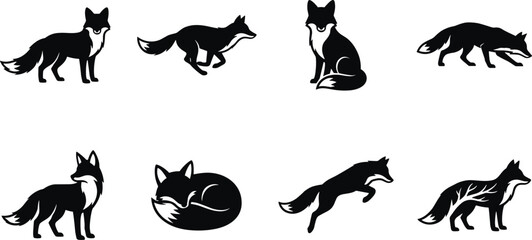 Obraz premium Set of fox silhouette vector illustrations featuring standing, walking, sitting, crouching, sleeping, leaping, decorative, and woodland accented designs