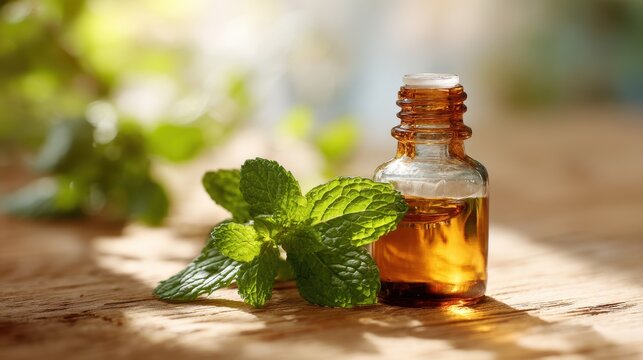 Natural light photograph of peppermint essential oil in amber glass bottle